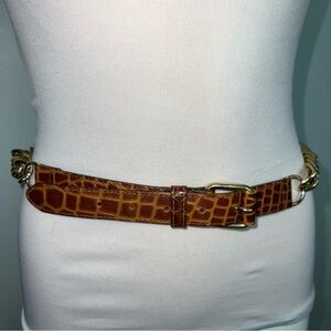 Axcess Genuine Leather Belt Women’s Large Brown Croc Embossed Gold Chain Italy
